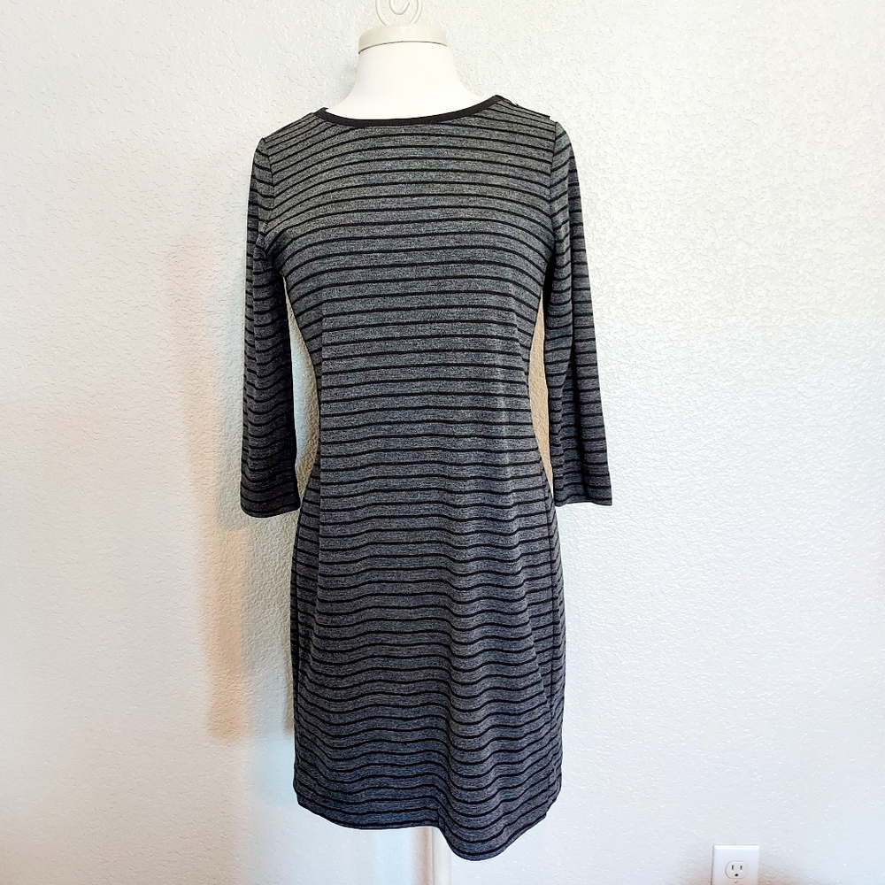LOFT Gray & Black Striped Long Sleeve Dress Size MP